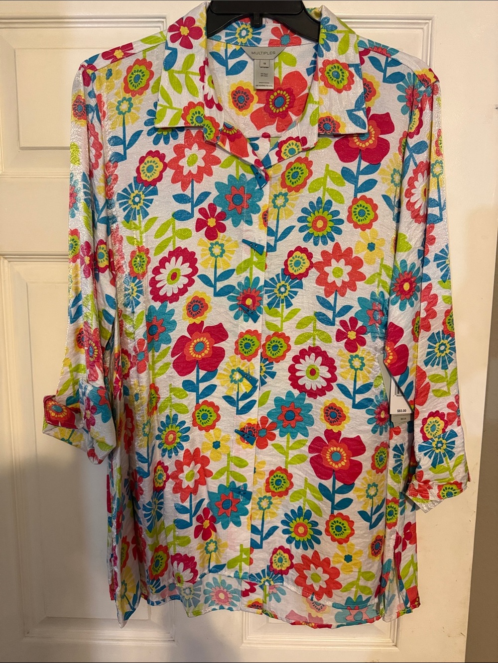 Multiples NWT- White Floral Button-Up Tunic with Bright Multicolor Flowers